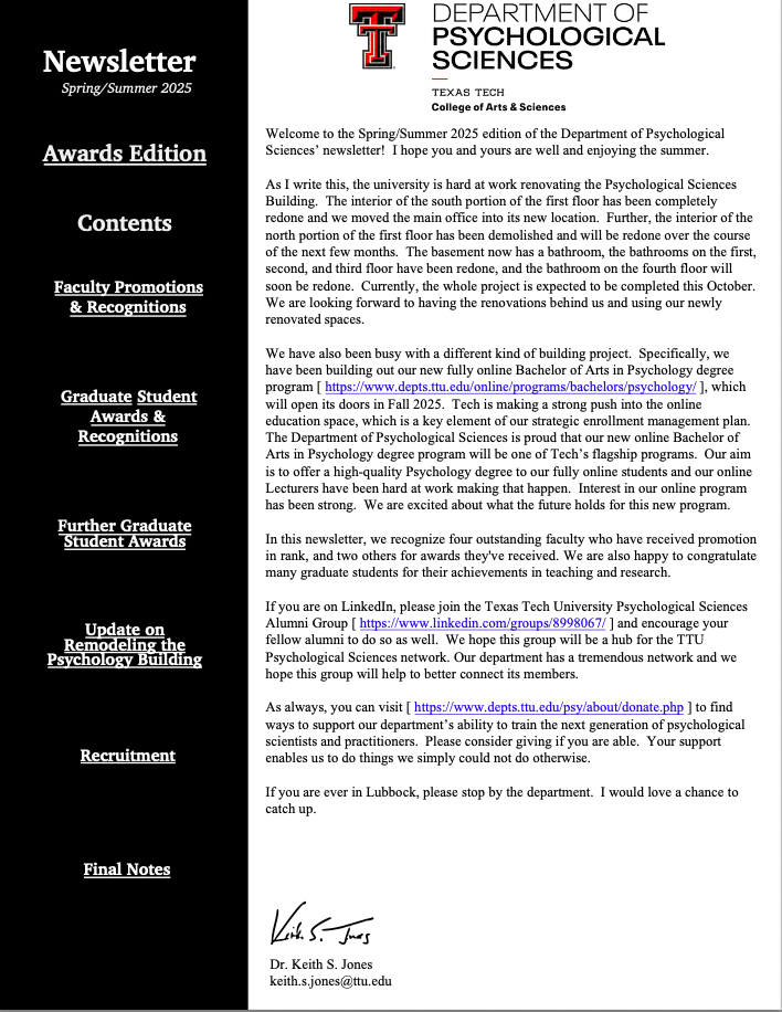 TTU Psychological Sciences Newsletter Front Page