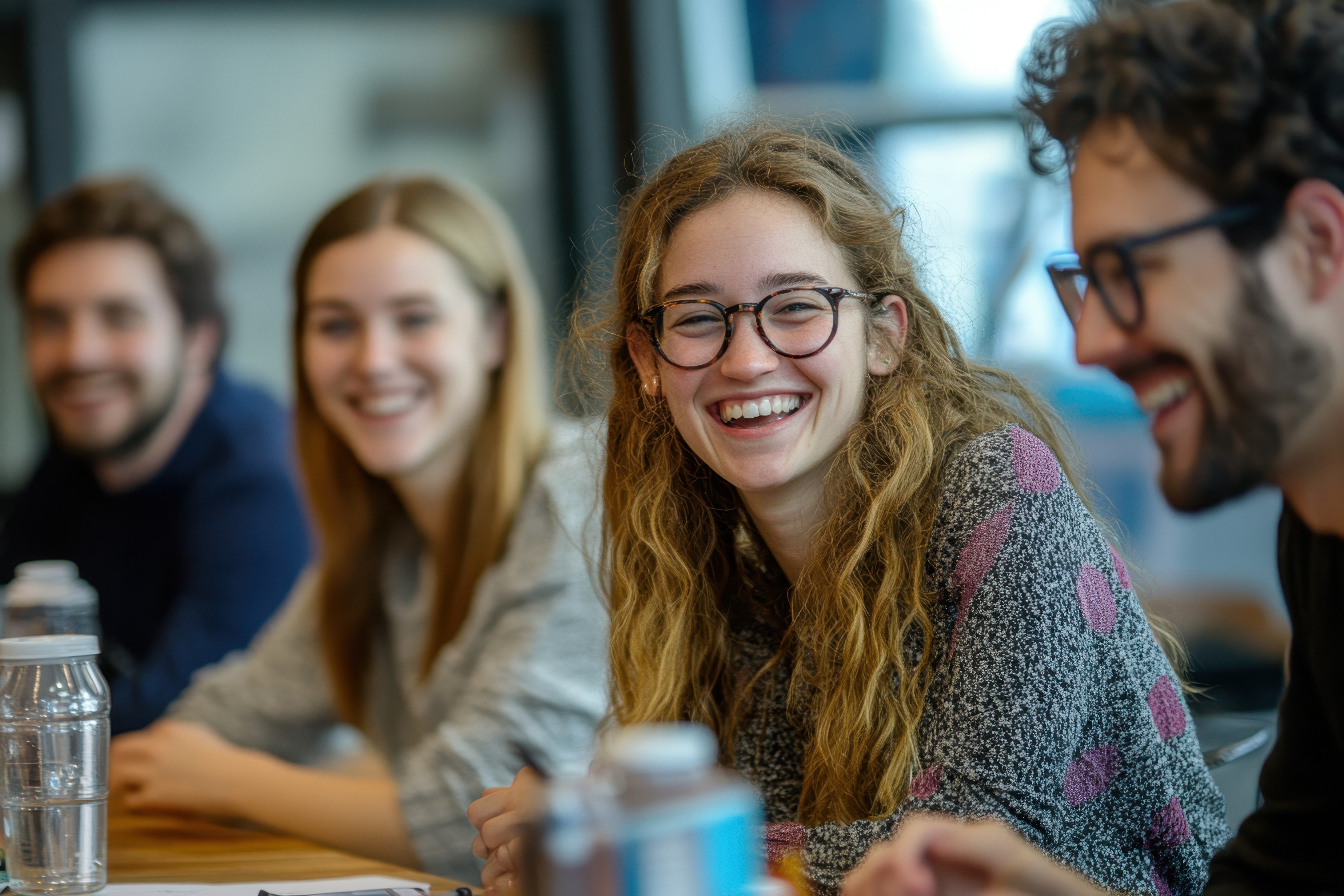 Young women meet around a table surrounded by books and water bottles