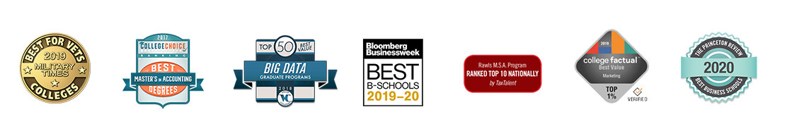 Rawls College of Business Ranked Best for Vets in 2019, Bloomberg Best Business Schools, Top 50 Best Value Big Data Graduate programs, College Choice Best Master's in Accounting, TaxTalent Top 10 M.S.A. Program. College Factual Best Value Marketing Program Top 1%. Princeton Review Best Business Schools. Rawls College of Business ranking images