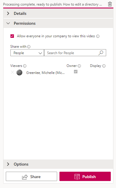 Video permissions pane