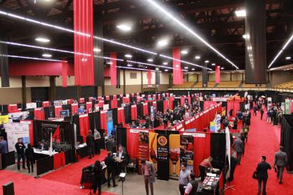 Photo of career fair booths, looking down from above