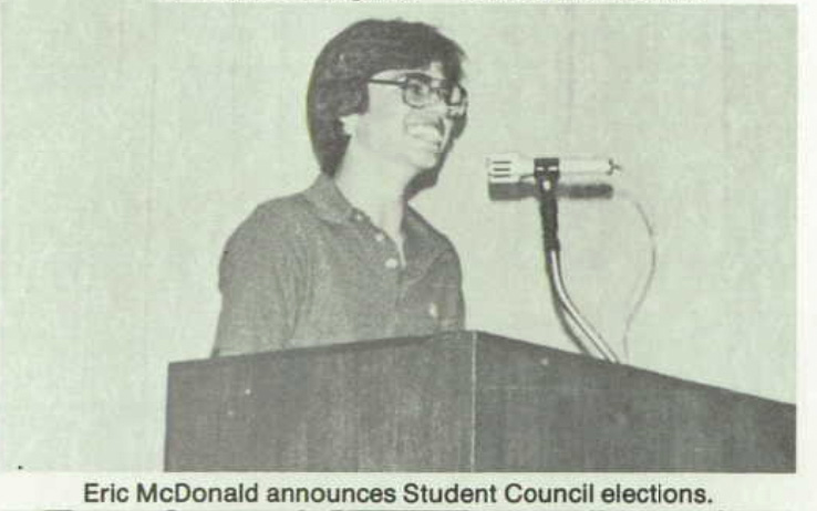 Eric McDonald announces Student Council elections (yearbook photo)