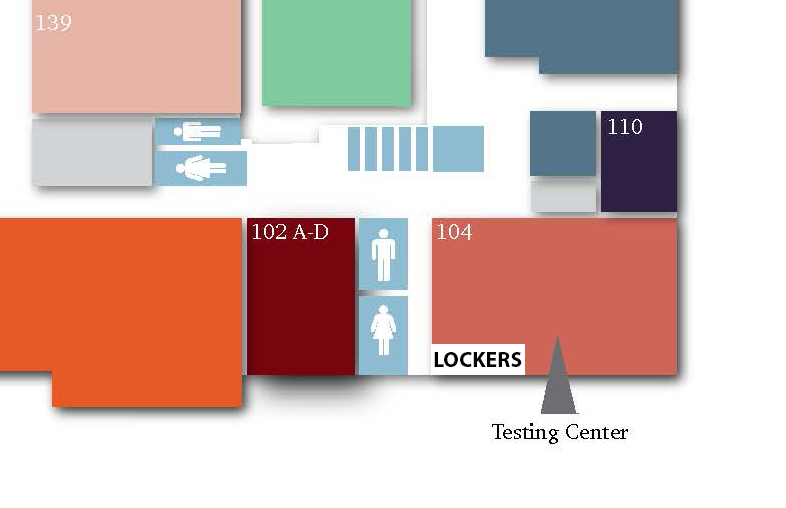 Rawls Testing Center Locker Room Location in the same hallway as restrooms next to the lab
