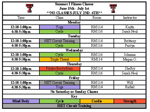 Class Schedule | Recreational Sports | TTU | Recreational Sports | TTU