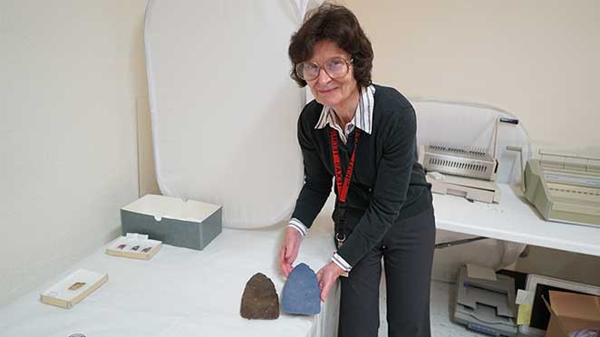 eileen johnson holding arrowhead and 3d printed version of it