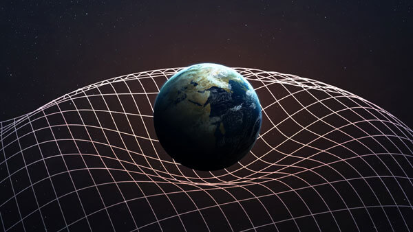 The earth as shown from space, surrounded by the rippling of gravitational waves.