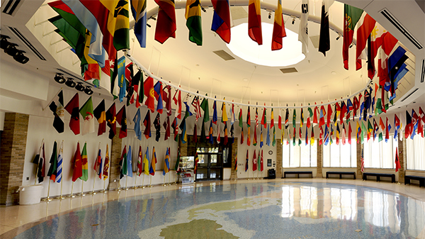 Hall of Nations, circular room with flags from all nations