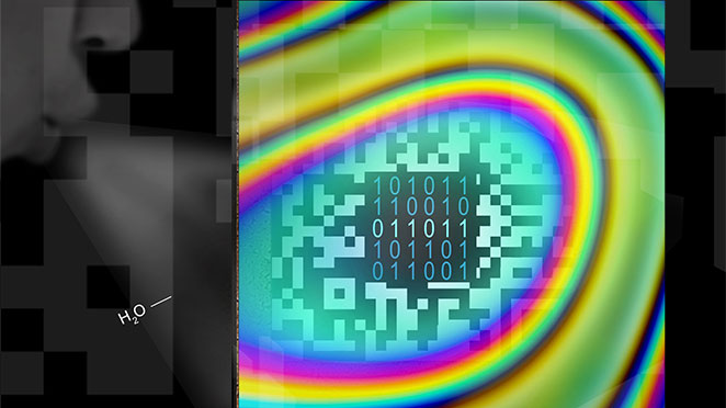illustrated face blowing on illustrated film with bands of color surrounding a square of binary