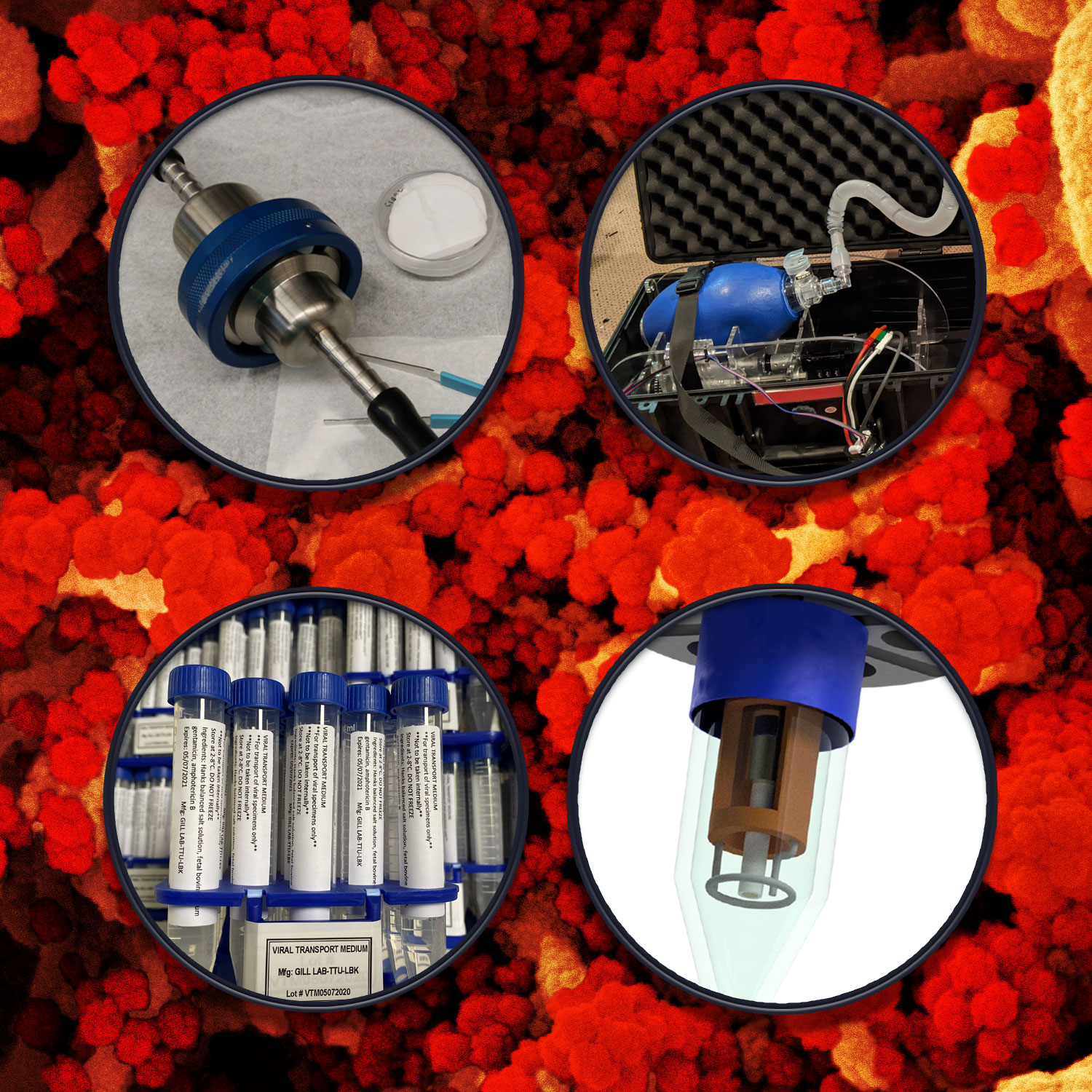coronavirus background with photos of vials and equipment on top