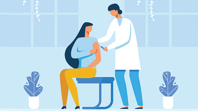 illustration of woman getting vaccine shot from doctor