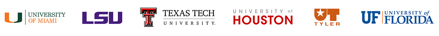 logos for university of miami, louisiana state university, texas tech university, university of houston, ut tyler, university of florida
