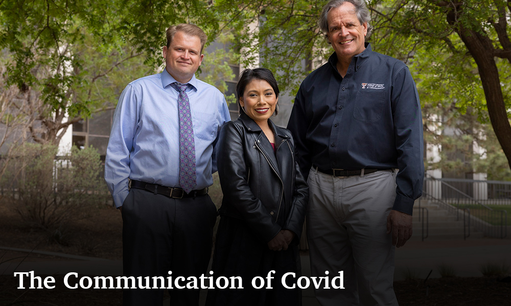 overlaid text: the communication of covid