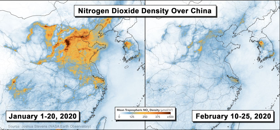 A map showing the differences of nitrogen dioxide density between January and February 2020 in China.