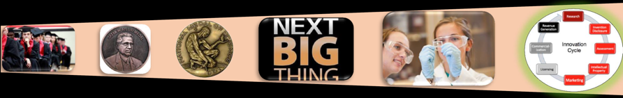 scientists in a lab, students graduating, different medals and the innovation cycle in circles around the words next big thing