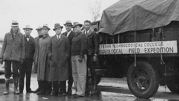 Photograph of members of an archaeological field expedition in 1934. Pictured are, from left to right: Dr. W. C. Holden; Dr. C. J. Wagner; Dr. R. A. Studthalter; Ross Edwards; Dr. Carl Coleman Seltzer (from Harvard); W. G. McMillan; Charles A. Guy; and Bennie McWilliams. Courtesy of the Southwest Collection/Special Collections Library.