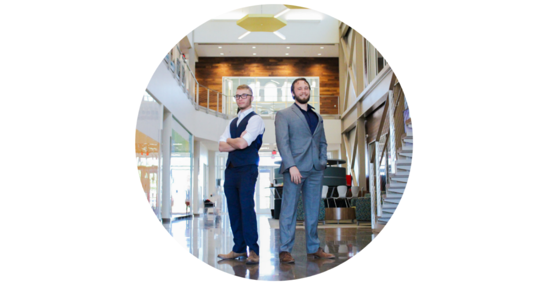 Ridge Dutkin (left) and Gage Dutkin (right) stand in the Innovation Hub atrium