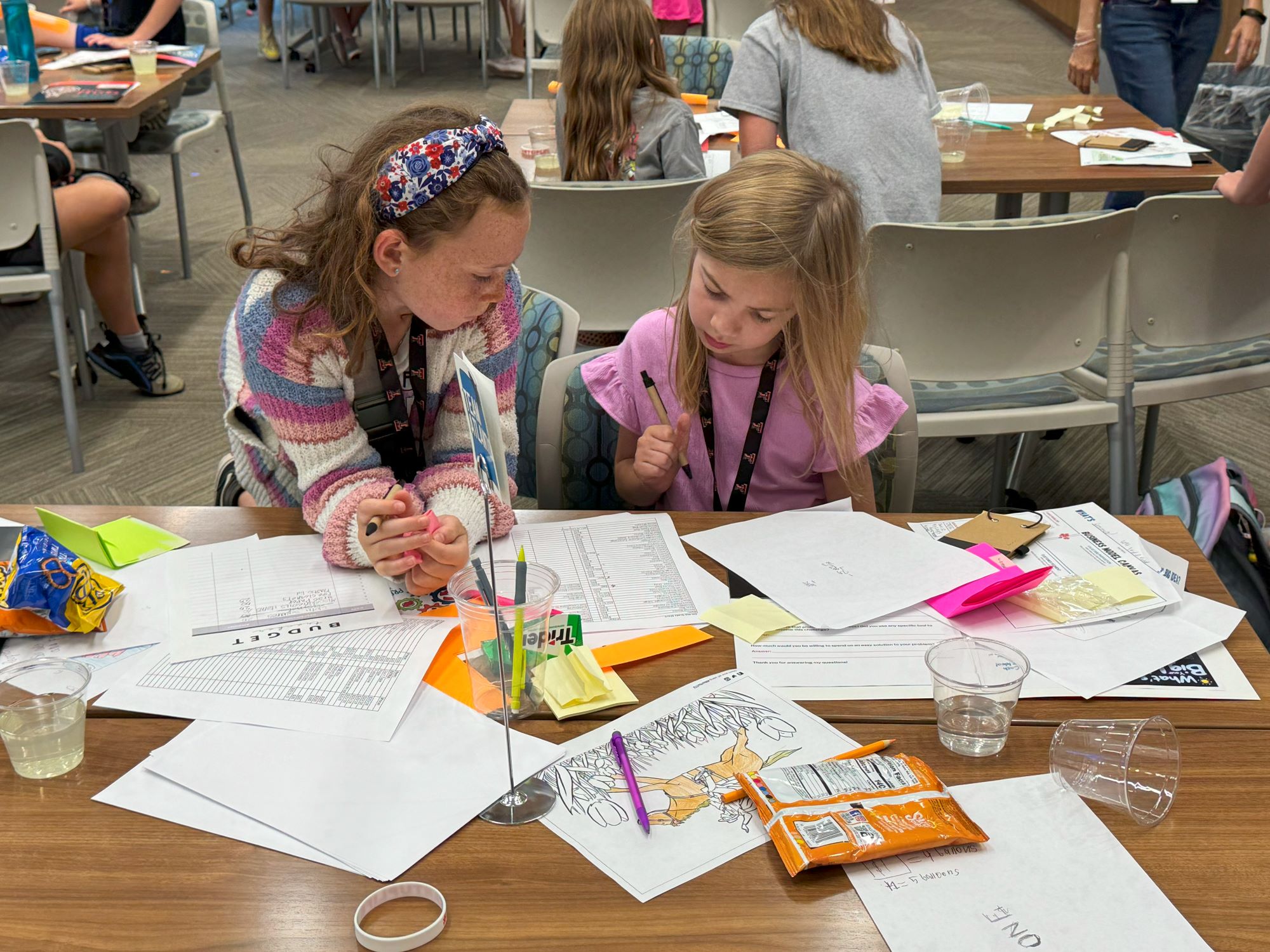 Girls working on their business concept at Shark Tank Jr.