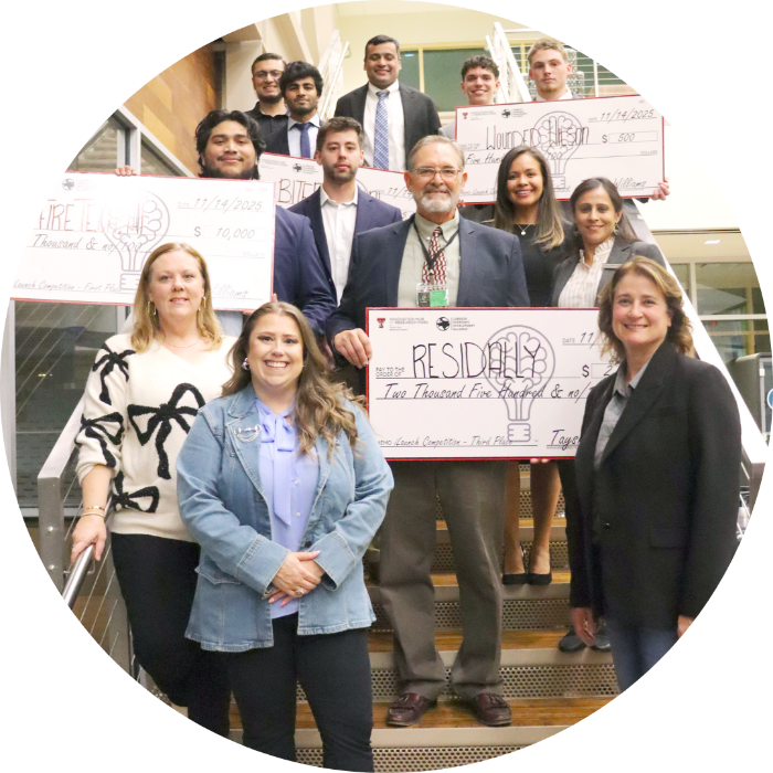 Winners of the 2025 iLaunch Competition with Ryan Bain (Program Director), Taysha Williams (Managing Director), and Carolyn Rowley (VP of Innovation & Retention at LEDA)