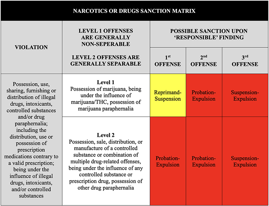 Narcotics or Drugs Sanction Matrix