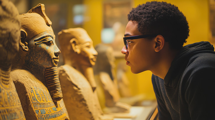 a student looks at artifacts