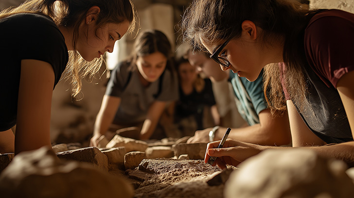 students work at a field site