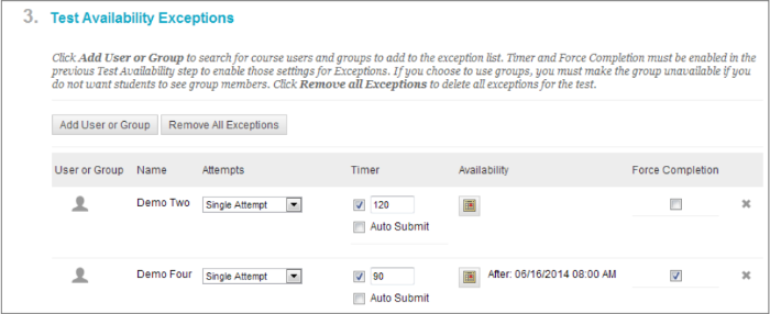 Options in Blackboard for Test Availability Exceptions.