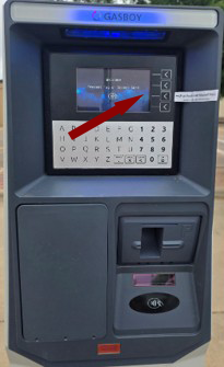 Gasboy Fuel Terminal Gasboy terminal with an arrow for the following instruction: 7. Press the ID button and enter the vehicle's License Plate Number or Assigned Vehicle Code.
