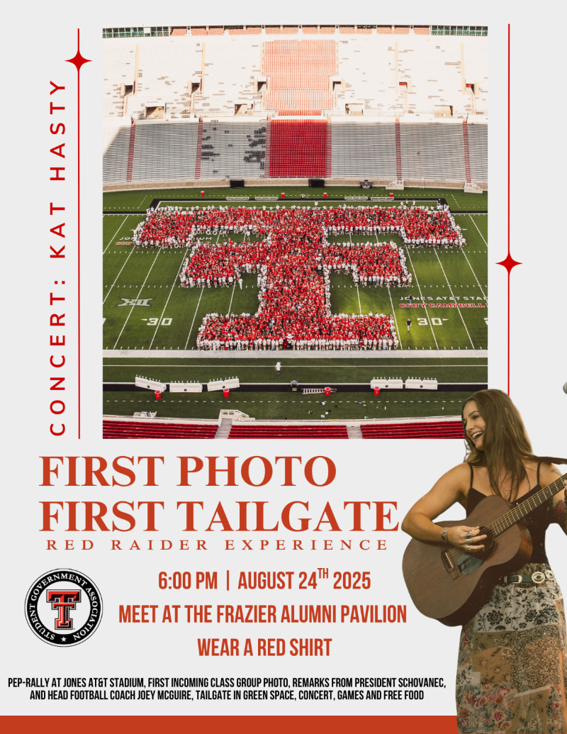 First Photo & First Tailgate welcomes all incoming students to take part in a memorable first group photo. Then enjoy a tailgate with all current Red Raiders. 
