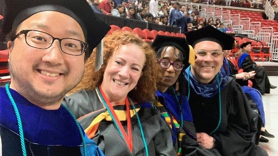 Professors Cho, Rudd, Lavender-Bratcher, and Alboroto at student graduation ceremony
