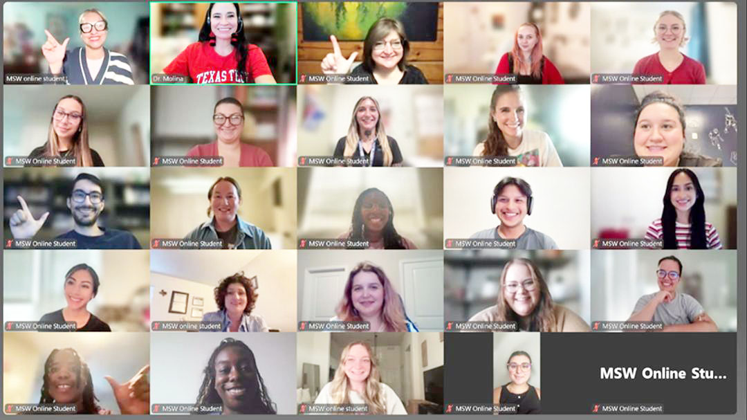 Screenshot of a Zoom meeting with all students in the Online MSW Program, pictured in their boxes