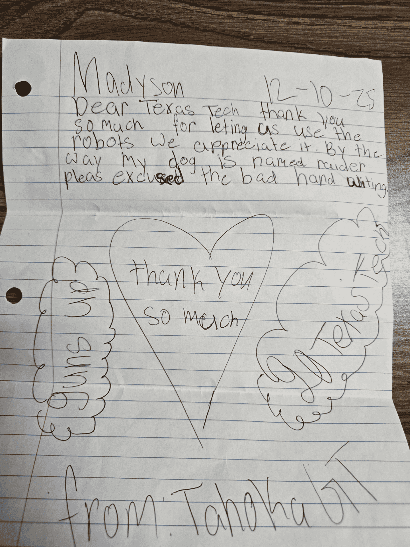 Thank you note from Tahoka GT