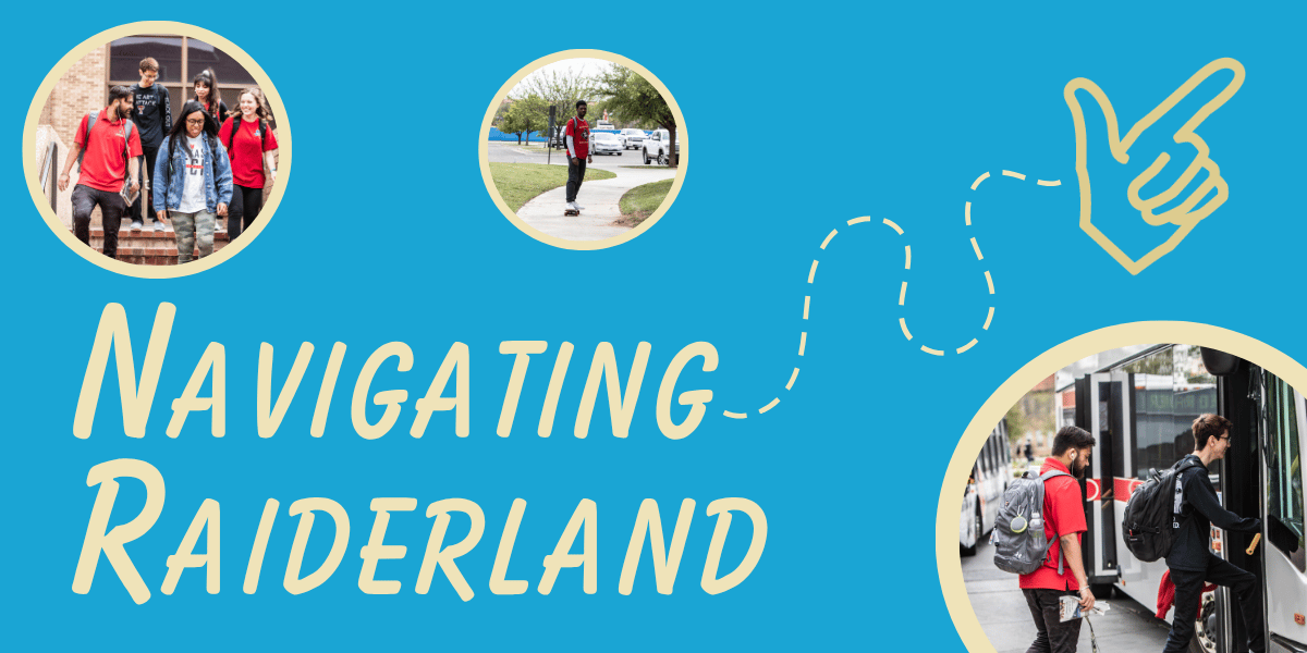 Navigating Raiderland graphic featuring a guns up and pictures of students navigating campus.
