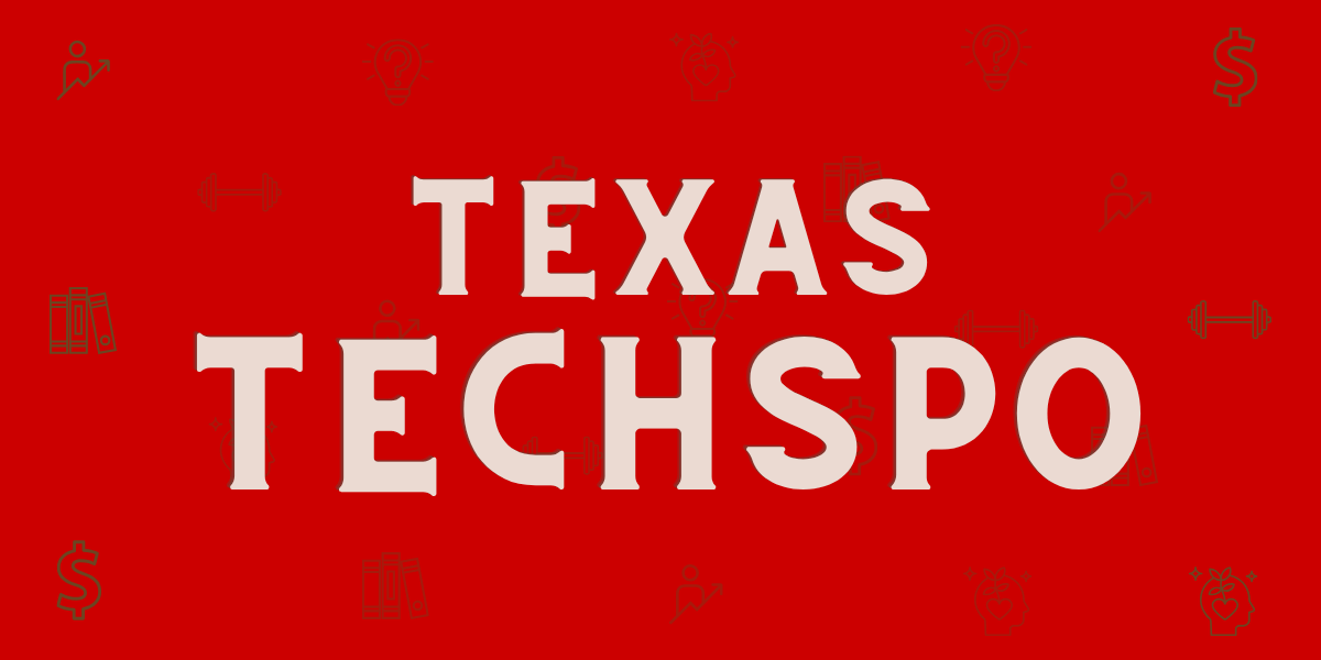 Texas Techspo Tan western style font Texas Techspo with red background and green icons representing Academic support, student services, financial resources, wellness and safety programs, involvement and leadership opportunities, recreational experiences, professional development, and more.