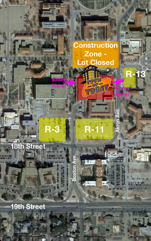 Parking Map shows 19th Street, Boston Ave, 18th Street and Akron Ave. to help visitors locate R-3 , R-11, and R-13 parking lots.