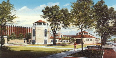 Artist rendering of the Southwest Collection / Special Collections Library building. It shows that the building is between the University Library and the Agriculture Pavilion.