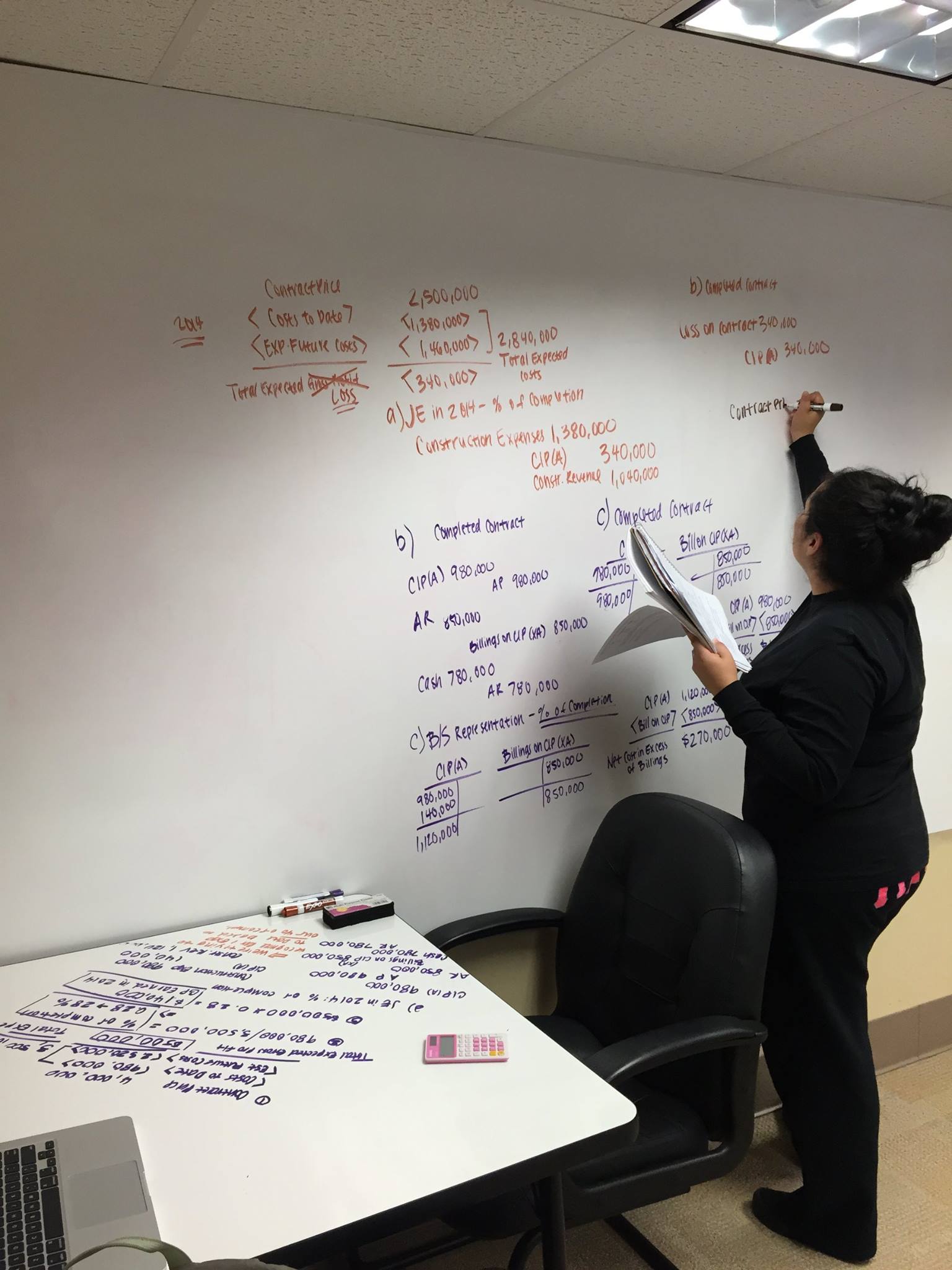 Tutor writes steps to a word problem on a large dry-erase board on the wall