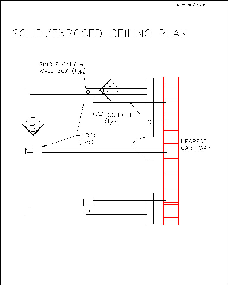 Solid/exposed ceiling plan diagram showing conduit routing with J-box from single gang wall box to nearest cableway