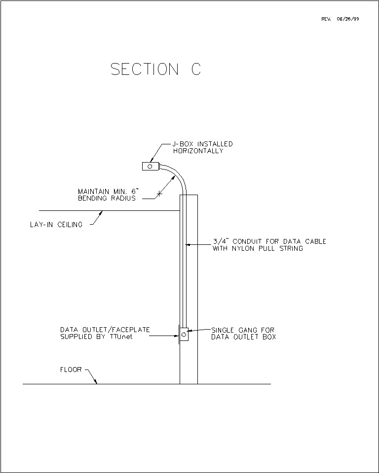 Section C diagram showing J-box installation horizontally in lay-in ceiling with 3/4 inch conduit for data cable with nylon pull string