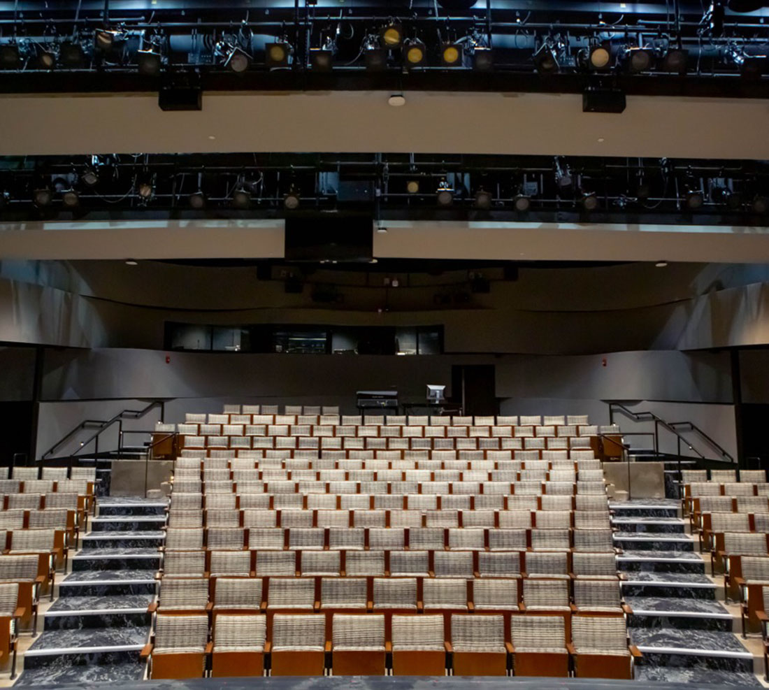The inside view of the seating in the Maedgen Theatre