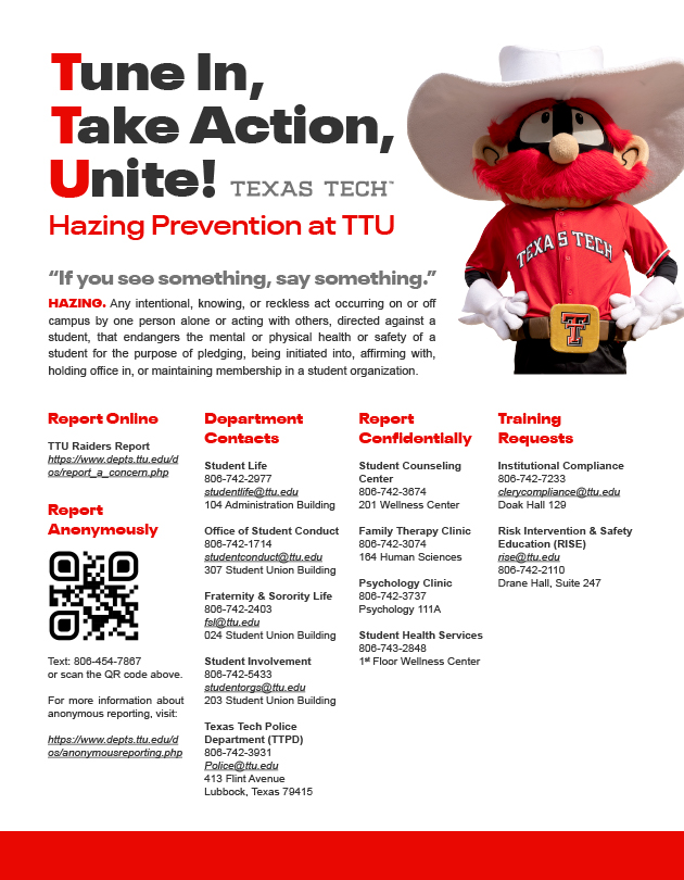 Flyer that contains Hazing Definitions, Resources, and How to Report Incidents of Hazing