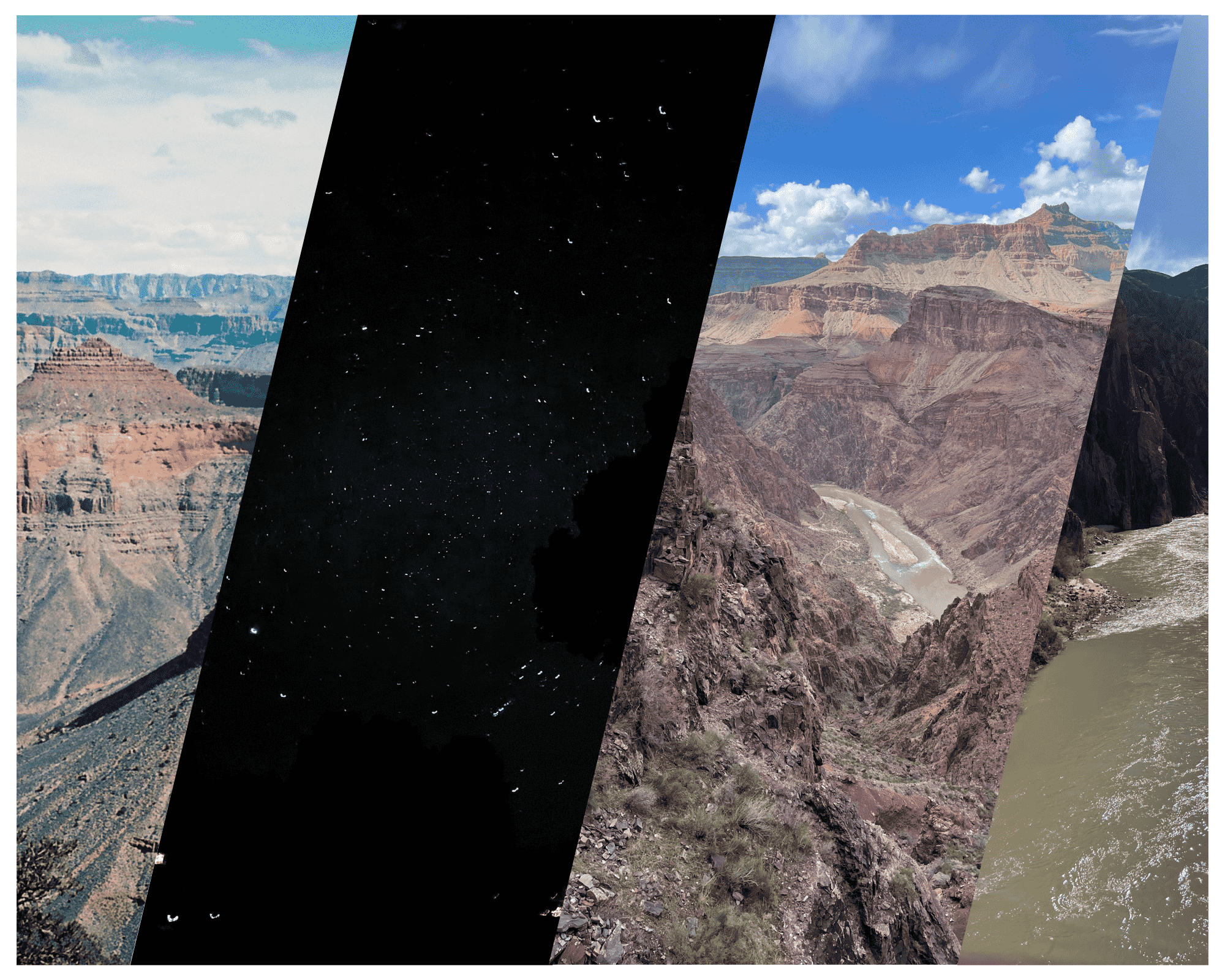Split picture of night sky and canyon with the river collage