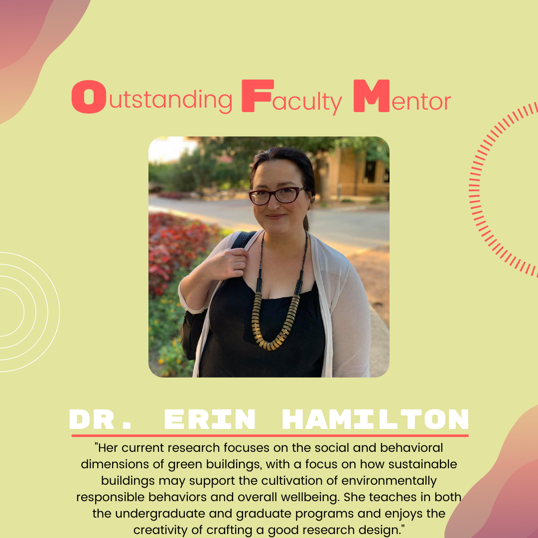 Dr. Erin Hamilton Dr. Erin Hamilton: "Her current research focuses on the social and behavioral dimensions of green buildings, with a focus on how sustainable buildings may support the cultivation of environmentally responsible behaviors and overall wellbeing. She teaches in both the undergraduate and graduate programs and enjoys the creativity of crafting a good research design."