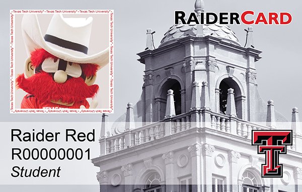 RaiderCard showing Raider Red image as the person and the Administration building in a grey scale.