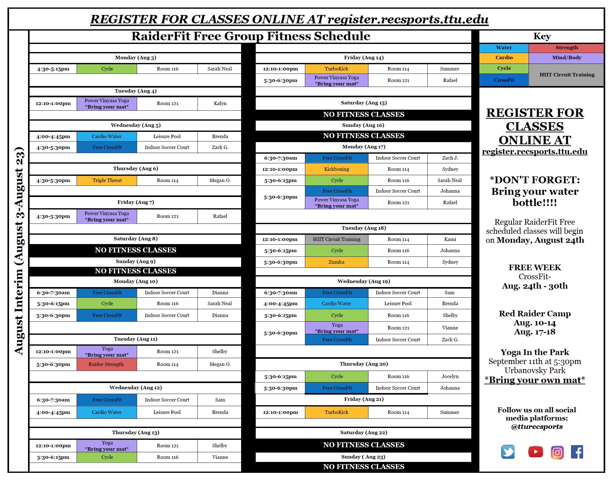 Ttu Calendar 2022 Class Schedule | Recreational Sports | Ttu | University Recreation | Ttu