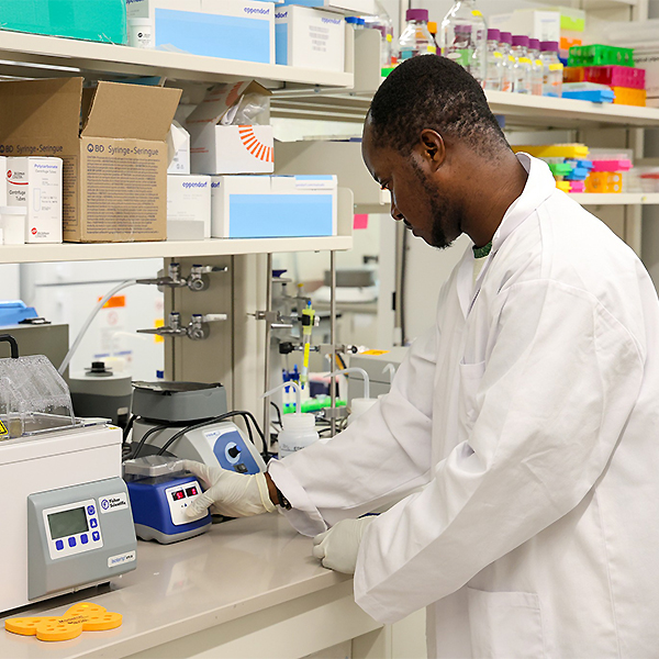 A graduate student in a research lab working with research equipment