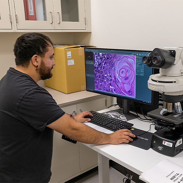 Tomas Lugo looking at microscopic picture