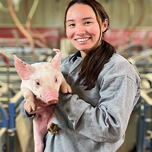 Student holding a pig