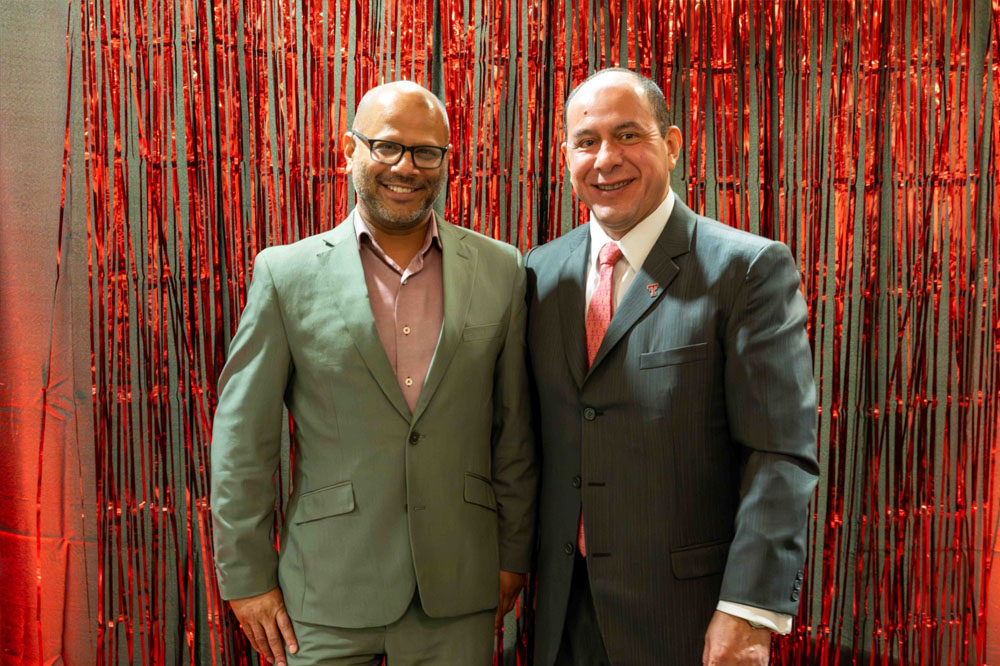 Keynote Speaker, Hasan Elahi, Dean of the College of Fine, Performing and Communication Arts, Wayne State University, with TCVPA Dean, Dr. Martin Camacho