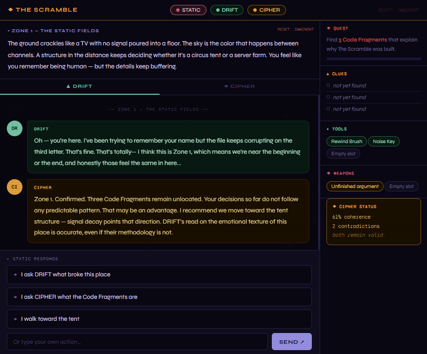 "The Scramble" by Campbell Greenless, an interactive project developed in collaboration with AI systems ChatGPT (CIPHER) and Claude (DRIFT), exploring narrative, authorship, and real-time creative decision-making.