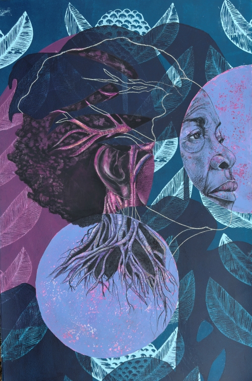 Artwork by Delita Martin: Purple Moon, 2025, acrylic, charcoal, pastel, 40”x60”